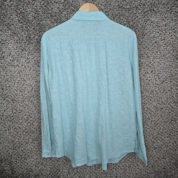 Susan Graver Top Womens Medium Blue Linen Blend Button Up Roll Tab Sleeve Ladies - Picture 7 of 7